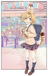 Rule 34 | 10s, 1girl, alternate costume, animal ears, artist request, bag, bag charm, black socks, blonde hair, blush, bow, bowtie, cardigan, cat ears, charm (object), commentary request, contemporary, full body, kemono friends, kneehighs, loafers, looking at viewer, open mouth, outdoors, pleated skirt, school bag, school uniform, serval (kemono friends), serval print, serval tail, shoes, short hair, skirt, socks, solo, tail, yellow eyes