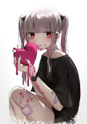 Rule 34 | 1girl, bandaid, bandaid on arm, bandaid on leg, bandaid on neck, bare shoulders, black shirt, blunt bangs, commentary request, ear piercing, earrings, gradient background, grey background, grey hair, heart, highres, holding, holding heart, jewelry, kanju, knees up, long hair, looking at viewer, looking to the side, off-shoulder shirt, off shoulder, original, piercing, red eyes, shirt, short sleeves, solo, squatting, twintails, white background, yami kawaii