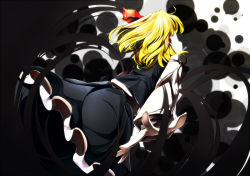Rule 34 | 1girl, blonde hair, darkness, embodiment of scarlet devil, female focus, hair ribbon, looking back, outstretched hand, red eyes, ribbon, rumia, shirt, short hair, skirt, solo, sugiyuu, touhou