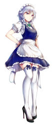 Rule 34 | 1girl, apron, black footwear, blue skirt, blue vest, bow, bowtie, braid, breasts, commentary request, frilled skirt, frills, full body, green bow, green ribbon, hair ribbon, hand on own hip, high heels, highres, izayoi sakuya, maid headdress, mayonaka taruho, medium breasts, petticoat, puffy short sleeves, puffy sleeves, ribbon, ribbon-trimmed legwear, ribbon trim, shirt, shoes, short hair, short sleeves, side braids, silver hair, simple background, skirt, solo, standing, stiletto heels, thighhighs, thighs, touhou, twin braids, vest, waist apron, white background, white shirt, white thighhighs, zettai ryouiki
