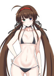 Rule 34 | 1girl, ahoge, bikini, black bikini, blue eyes, brown hair, commentary, cowboy shot, english commentary, flat chest, frown, gluteal fold, green eyes, hair ribbon, hairband, heterochromia, highres, long hair, looking at viewer, micro bikini, navel, red hairband, ribbon, ryoubi (senran kagura), senran kagura, simple background, solo, standing, swimsuit, twintails, very long hair, white background, zatsu