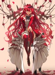 Rule 34 | 1girl, absurdres, baobhan sith (fate), bare shoulders, center frills, character hood, choker, detached collar, detached sleeves, dress, earrings, fate/grand order, fate (series), flower, frills, grey eyes, hand up, highres, jewelry, kashia, long hair, looking at viewer, pink hair, pointy ears, red dress, red flower, red rose, red thighhighs, rose, sidelocks, simple background, sitting, smile, solo, thighhighs, tiara