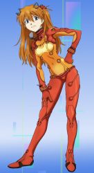 Rule 34 | 00s, 1girl, blue eyes, bodysuit, brown hair, evangelion: 2.0 you can (not) advance, groin, hair ornament, hand on leg, hand on own hip, long hair, multicolored clothes, navel, neon genesis evangelion, plugsuit, rebuild of evangelion, red bodysuit, sakocchi (sako1223), see-through, see-through bodysuit, shiny clothes, solo, souryuu asuka langley, standing, test plugsuit, third-party edit, very long hair, wide hips