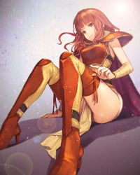 Rule 34 | arm support, armlet, armor, blunt bangs, blurry, breastplate, cape, celica (fire emblem), commentary request, depth of field, fire emblem, fire emblem echoes: shadows of valentia, fire emblem gaiden, fujikawa arika, gradient background, hand on floor, head tilt, high heels, highres, leg armor, leg ribbon, lens flare, light particles, long hair, looking at viewer, nintendo, on floor, red armor, red cape, red eyes, red footwear, red hair, red ribbon, red thighhighs, ribbon, shoulder armor, sidelocks, simple background, sitting, solo, strap, thighhighs, tunic, zettai ryouiki