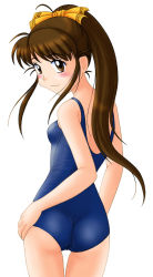 Rule 34 | 1girl, arm at side, ass, blue one-piece swimsuit, blush, bow, breasts, brown eyes, hair bow, long hair, looking at viewer, looking back, morishita akane, neopure, one-piece swimsuit, ponytail, school swimsuit, sidelocks, simple background, small breasts, smile, standing, swimsuit, true love story, white background, yellow bow