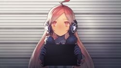 Rule 34 | 1girl, ahoge, gloves, headphones, headset, kanjy00u, long hair, mugshot, red eyes, red hair, sf-a2 miki, sign holding, solo, vocaloid