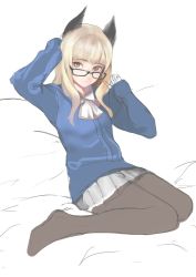 Rule 34 | 1girl, animal ears, blonde hair, glasses, goji (five clock), long hair, military, military uniform, pantyhose, perrine h. clostermann, sketch, solo, strike witches, uniform, world witches series, yellow eyes