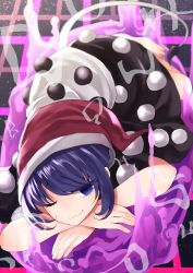 Rule 34 | 1girl, barefoot, black skirt, blob, blue eyes, blue hair, cow tail, doremy sweet, full body, grid, hat, highres, looking at viewer, lying, matching hair/eyes, mimoto (aszxdfcv), nightcap, one eye closed, pom pom (clothes), red hat, shirt, short sleeves, skirt, smile, solo, tail, touhou, white shirt