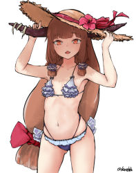 Rule 34 | 1girl, bare arms, bare legs, bikini, blue bikini, blunt bangs, bow, brown hair, commentary request, fang, flower, frilled bikini, frills, hair bow, hat, hat flower, hat ribbon, highleg, highleg bikini, horns, ibuki suika, kanrobi, long hair, looking at viewer, low-tied long hair, navel, orange eyes, red bow, red flower, red ribbon, ribbon, simple background, smile, solo, standing, stomach, straw hat, swimsuit, touhou, twitter username, very long hair, white background
