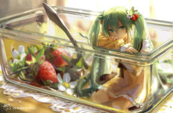 Rule 34 | 1girl, achyue, blurry, character name, container, depth of field, dress, expressionless, flower, food, food-themed hair ornament, fruit, green eyes, green hair, hair ornament, hatsune miku, in container, lace, lace-trimmed dress, lace trim, long hair, long sleeves, looking at viewer, matching hair/eyes, mini person, minigirl, nail polish, sitting, solo, strawberry, strawberry hair ornament, strawberry miku (tantan), table, twintails, utensil, very long hair, vocaloid, water drop, yellow dress, yokozuwari
