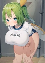 Rule 34 | 1girl, :/, absurdres, alternate breast size, alternate costume, arm under breasts, blue eyes, blue shorts, blush, breasts, closed mouth, commentary request, crack, cracked wall, daiyousei, fairy wings, feet out of frame, green hair, gym uniform, hair ribbon, highres, indoors, large breasts, leaning forward, looking at viewer, mamemochi, one side up, ribbon, shirt, short hair, short sleeves, shorts, solo, standing, touhou, white shirt, wings, yellow ribbon