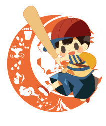 Rule 34 | 1boy, backpack, bag, baseball bat, baseball cap, black hair, blush stickers, brown bag, full body, hat, hitofutarai, holding, holding baseball bat, male focus, mother (game), mother 2, ness (mother 2), nintendo, open mouth, red footwear, red hat, shirt, short hair, socks, solid oval eyes, solo, striped clothes, striped shirt, white socks