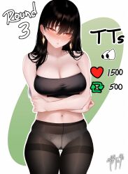 Rule 34 | 1girl, :s, absurdres, alternate hairstyle, averting eyes, bare shoulders, black hair, black panties, black pantyhose, black sports bra, blush, breasts, bulging eyes, cleavage, closed mouth, collarbone, cowboy shot, crossed arms, crotch seam, earrings, eye pop, green background, hair down, highres, jewelry, large breasts, like and retweet, long hair, looking to the side, meme, navel, nose blush, panties, panties under pantyhose, pantyhose, red eyes, revision, signature, skindentation, solo, sports bra, spy x family, thigh gap, thighband pantyhose, twitter strip game (meme), two-tone background, underwear, white background, yor briar, zasshu