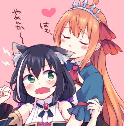 Rule 34 | 2girls, @ @, ahoge, animal ear fluff, animal ears, ascot, bare shoulders, biting, black hair, blush, cat ears, closed eyes, closed mouth, commentary request, detached sleeves, ear biting, fang, green eyes, gucchiann, hair between eyes, hair ribbon, heart, karyl (princess connect!), light brown hair, lightning bolt symbol, long hair, long sleeves, low twintails, multicolored hair, multiple girls, open mouth, pecorine (princess connect!), pink background, princess connect!, puffy short sleeves, puffy sleeves, red ascot, red ribbon, ribbon, short sleeves, simple background, sleeveless, streaked hair, tiara, translation request, twintails, very long hair, wavy mouth, white hair, wide sleeves