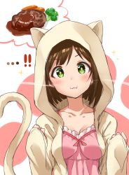 Rule 34 | !, !!, &gt;:3, ..., 10s, 1girl, :3, animal ears, animal hood, blush, breasts, brown hair, camisole, cat ears, cat hood, cat tail, collarbone, commentary request, drooling, fang, fang out, food, green eyes, hamburger steak, highres, hood, hoodie, idolmaster, idolmaster cinderella girls, maekawa miku, paw print, saliva, short hair, solo, sparkle, sparkling eyes, tail, takeashiro, thought bubble, v-shaped eyebrows, vegetable, white background