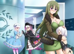 Rule 34 | 4girls, ^ ^, alice (fate), braid, braided ponytail, breasts, cleavage, closed eyes, coat, commission, dress, closed eyes, fate/apocrypha, fate/extra, fate/grand order, fate (series), fur trim, green hair, hug, jack the ripper (fate/apocrypha), jewelry, large breasts, multiple girls, necklace, nursery rhyme (fate), open mouth, pink eyes, purple eyes, rikudou reika, smile, the-sinnerz, white hair