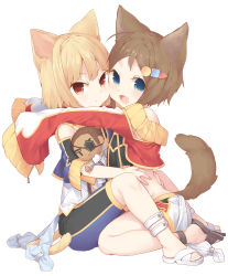 Rule 34 | &gt;:o, 2girls, :d, :o, animal ears, bare shoulders, bike shorts, blonde hair, blue eyes, brown hair, cat ears, cat tail, character doll, cheek-to-cheek, dog ears, dog tail, eyepatch, fang, hair ornament, hairclip, heads together, highres, hug, looking at viewer, midriff, multiple girls, open mouth, red eyes, short hair, sitting, sleeves past wrists, slippers, smile, tail, tokuno yuika, v-shaped eyebrows, yurudorashiru