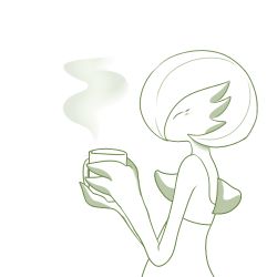 Rule 34 | 1girl, closed eyes, creatures (company), cup, drink, female focus, from side, game freak, gardevoir, gen 3 pokemon, hands up, happy, holding, lowres, monochrome, mug, nintendo, pokemon, pokemon (creature), pokemon rse, short hair, simple background, solo, steam, takoto, upper body, white background