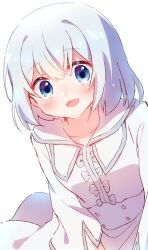 Rule 34 | 1girl, blue eyes, blush, dress, looking at viewer, niehime to kemono no ou, open mouth, sariphi, short hair, simple background, sitting, smile, white background, white dress, white hair