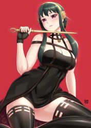Rule 34 | 1girl, black dress, black hair, black thighhighs, breasts, cleavage, dagger, dress, earrings, finalcake, fingerless gloves, gloves, gold earrings, gold hairband, hair bun, hairband, highres, holding, holding dagger, holding knife, holding weapon, jewelry, knife, large breasts, looking at viewer, red background, short hair with long locks, showgirl skirt, single hair bun, solo, spy x family, stiletto (weapon), thighhighs, two-sided dress, two-sided fabric, weapon, yor briar