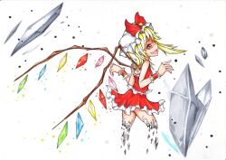 Rule 34 | 1girl, adapted costume, back, bare shoulders, blonde hair, breasts, crystal, disintegration, flandre scarlet, frilled shirt, frilled skirt, frills, from side, hat, highres, medium hair, mob cap, multicolored wings, one side up, open mouth, pointy ears, red eyes, red shirt, red skirt, shirt, simple background, skirt, sleeveless, sleeveless shirt, small breasts, solo, touhou, umikaji, white background, white hat, wings