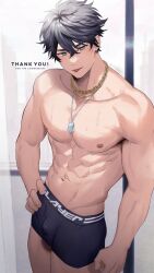 Rule 34 | 1boy, abs, black hair, black male underwear, blue eyes, bulge, chain necklace, commission, cowboy shot, dog tags, english text, hao (haozz), highres, jewelry, male focus, male underwear, muscular, muscular male, navel, necklace, original, pectorals, solo, standing, thank you, tongue, tongue out, topless male, underwear