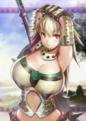 Rule 34 | 1girl, absurdres, armor, armpits, arms behind head, arms up, barioth (armor), breasts, capcom, cleavage, highres, large breasts, momose hisashi, monster hunter (series), monster hunter 3, red eyes, smile, solo, sword, weapon