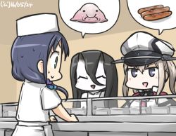 Rule 34 | 10s, 3girls, abyssal ship, alternate costume, battleship princess, black hair, blobfish, blonde hair, blue eyes, blue hair, cafeteria, chef hat, commentary request, dated, fish, flat top chef hat, food, gloves, graf zeppelin (kancolle), green eyes, hair between eyes, hamu koutarou, hat, horns, kantai collection, long hair, low twintails, multiple girls, peaked cap, sausage, sidelocks, skin-covered horns, spoken food, suzukaze (kancolle), sweat, twintails
