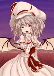 Rule 34 | 1girl, ayamal (mainichi ryokucha), bat wings, bracelet, capelet, curiosities of lotus asia, fang, female focus, hat, hat ribbon, highres, jewelry, long sleeves, open mouth, red eyes, ribbon, short hair, silver hair, solo, touhou, wings