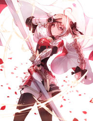 Rule 34 | 1boy, ahoge, armor, astolfo (fate), black thighhighs, braid, ekh, fate/apocrypha, fate (series), from behind, highres, holding, holding sword, holding weapon, long hair, looking at viewer, male focus, multicolored hair, pink eyes, pink hair, sheath, solo, sword, thighhighs, trap, v, weapon, white hair