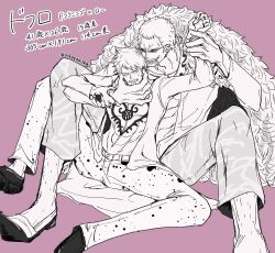 Rule 34 | 2boys, abs, capri pants, chest tattoo, clenched teeth, coat, denim, donquixote doflamingo, earrings, facial hair, feather coat, finger tattoo, goatee, hand on another&#039;s face, hand tattoo, height difference, highres, holding another&#039;s wrist, jeans, jewelry, leg hair, long sleeves, male focus, multiple boys, muscular, muscular male, one piece, open clothes, pants, purple background, shirt, shoes, short hair, sitting, size difference, smirk, sukopontan, sunglasses, sweatdrop, tattoo, teeth, tongue, tongue out, trafalgar law, translation request, twitter username, veiny face, yaoi
