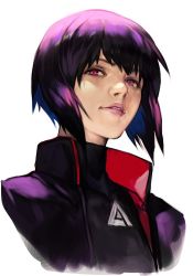 Rule 34 | 1girl, ghost in the shell, ghost in the shell: sac 2045, ghost in the shell stand alone complex, hungry clicker, jacket, kusanagi motoko, looking at viewer, purple hair, short hair, simple background, solo, white background