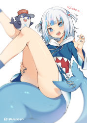 Rule 34 | 1girl, bloop (gawr gura), blue eyes, blue hair, blunt bangs, blush, breasts, fins, fish tail, gawr gura, gawr gura (1st costume), highres, hololive, hololive english, long sleeves, looking at viewer, medium hair, multicolored hair, nail polish, open mouth, shark girl, sharp teeth, silver hair, simple background, smile, streaked hair, super zombie, tail, teeth, two side up, virtual youtuber, white background