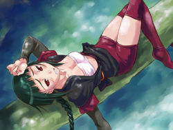 Rule 34 | 00s, 1girl, bandages, bandeau, bike shorts, braid, breasts, cleavage, green hair, hand on forehead, lying, maruto!, my-hime, ninja, okuzaki akira, on back, open clothes, open shirt, red eyes, red thighhighs, sarashi, shirt, single braid, solo, strapless, thighhighs, tube top