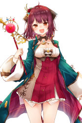 Rule 34 | 1girl, :d, alt (ctrldel), atelier (series), atelier sophie, atelier sophie 2, black ribbon, blue coat, blush, braid, breasts, brown eyes, brown hair, coat, collarbone, cowboy shot, detached collar, dress, flower, hair flower, hair ornament, hair ribbon, heart, heart-shaped pupils, highres, holding, holding staff, looking at viewer, medium breasts, open mouth, plaid, pleated dress, red dress, ribbon, short hair, side braid, smile, solo, sophie neuenmuller, staff, standing, symbol-shaped pupils, white background