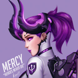 Rule 34 | 1girl, bodysuit, character name, chromatic aberration, dark persona, demon horns, emblem, english text, eyelashes, eyeliner, facial mark, from behind, from side, hai nguyen, hainguyen2310, highres, horns, imp mercy, lips, lipstick, looking at viewer, looking back, looking to the side, makeup, mechanical wings, mercy (overwatch), nose, official alternate costume, overwatch, overwatch 1, patch, ponytail, portrait, profile, purple background, purple eyes, purple hair, purple lips, realistic, sideways glance, signature, simple background, solo, wings
