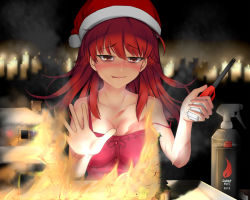Rule 34 | :p, bare shoulders, blush, breasts, candle, candlelight, christmas, cleavage, erikku (kata235), fire, hat, lighter, original, red hair, santa hat, solo, strap slip, tongue, tongue out
