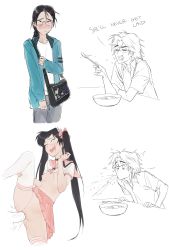 Rule 34 | 1girl, 2boys, absurdres, bag, black bag, black hair, blush, bowl, breasts, breasts out, cereal guy (meme), closed mouth, clothes lift, commentary, disembodied penis, eating, english commentary, english text, glasses, grey pants, hair ribbon, hetero, highres, holding, holding spoon, jacket, lacryboy, leg up, long hair, long sleeves, meme, multiple boys, multiple views, navel, open mouth, original, pants, partially colored, penis, pink sailor collar, pink skirt, pleated skirt, ribbon, sailor collar, sex, shirt, shirt lift, short sleeves, shoulder bag, skirt, spitting, spoon, teeth, thighhighs, tongue, twintails, vaginal, white background, white shirt, white thighhighs