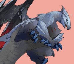 Rule 34 | ?, animal focus, blue eyes, blue scales, claws, commentary, dragon, from below, full body, monster hunter (series), no humans, open mouth, pink background, red pupils, scales, sharp teeth, simple background, slit pupils, solo, taneimo drop, teeth, valstrax, wings