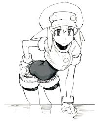Rule 34 | 1girl, belt, bike shorts, bodysuit, cabbie hat, closed mouth, gloves, greyscale, hat, highres, jacket, kotoyama, leaning forward, long hair, looking at viewer, mega man (series), mega man legends (series), monochrome, open mouth, roll caskett (mega man), short sleeves, shorts, simple background, solo, white background