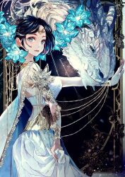Rule 34 | 1girl, :d, armlet, back cutout, black hair, blue cape, blue flower, bracer, butterfly ornament, cape, chain, circlet, clothing cutout, cowboy shot, dragon, dress, earrings, flower, flower ornament, from side, hair flower, hair ornament, highres, jewelry, lace-trimmed cape, lace trim, looking at viewer, looking to the side, mamakirasnc, necklace, open mouth, original, outstretched arms, parted bangs, picture frame, short hair, skirt hold, smile, solo, standing, strapless, strapless dress, two-sided cape, two-sided fabric, white cape, white dress