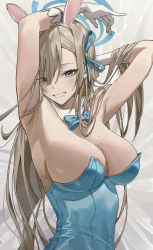 Rule 34 | 1girl, absurdres, animal ears, arm behind head, armpits, arms up, asuna (blue archive), asuna (bunny) (blue archive), blue archive, blue bow, blue bowtie, blue eyes, blue leotard, blue ribbon, blush, bow, bowtie, breasts, cleavage, commentary request, detached collar, fake animal ears, gloves, grey background, grin, hair over one eye, hair ribbon, highres, hy (hem oo), large breasts, leotard, light brown hair, long hair, looking at viewer, mole, mole on breast, official alternate costume, playboy bunny, rabbit ears, ribbon, smile, solo, strapless, strapless leotard, swept bangs, teeth, traditional bowtie, upper body, white gloves