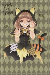 Rule 34 | 1girl, aizen (syoshiyuki), animal ears, animal hood, argyle, argyle background, argyle clothes, black cape, black skirt, blunt bangs, bow, brown eyes, brown hair, cape, capelet, cat ears, cat hood, cat tail, clenched teeth, cropped legs, fake animal ears, fang, halloween, halloween costume, healin&#039; good precure, highres, hiramitsu hinata, hood, hood up, hooded capelet, layered skirt, long hair, looking at viewer, orange bow, precure, pumpkin, scrunchie, skirt, solo, tail, tail bow, tail ornament, teeth, trick or treat, twintails, v-shaped eyebrows, wrist scrunchie, yellow neckwear, yellow scrunchie