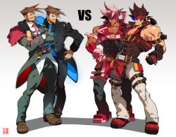 Rule 34 | 4boys, abs, alternate costume, armband, artist logo, artist name, bara, beard, belt, biceps, brown hair, capelet, chest belt, clenched hands, collared jacket, collared shirt, cross, crossed arms, facial hair, fang, gauntlets, gloves, guilty gear, guilty gear xrd, hand on another&#039;s shoulder, hand on own hip, headband, jacket, large pectorals, leg belt, loincloth, long hair, looking at another, male focus, monocle, multiple boys, muscular, muscular male, mustache, na insoo, necktie, open clothes, open jacket, pants, pectoral cleavage, pectorals, pink hair, ponytail, shirt, shoes, slayer (guilty gear), smirk, sol badguy, spiked hair, sweat, sweatdrop, tan, thick arms, thick thighs, thighs, tight clothes, vampire, vs
