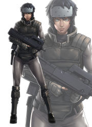 Rule 34 | 1girl, aqua (copyright), aqua eyes, arm guards, armor, belt, black hair, bulletproof vest, bullpup, cyberpunk, cyborg, czn-m22, expressionless, forehead protector, ghost in the shell, gloves, gun, ikegami noroshi, kusanagi motoko, legs apart, looking at viewer, muscular, science fiction, shin guards, short hair, simple background, skin tight, solo, standing, submachine gun, vest, weapon, wide stance, zoom layer