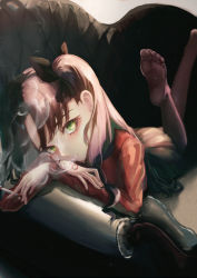 Rule 34 | 1girl, absurdres, black ribbon, black skirt, brown pantyhose, camellia (s kamellia), cigarette, command spell, couch, crossed arms, eyebrows hidden by hair, fate/stay night, fate (series), feet up, green eyes, highres, holding, holding cigarette, indoors, legs up, long hair, looking at viewer, lying, on couch, on stomach, pantyhose, pleated skirt, red sweater, ribbon, skirt, smoke, smoking, soles, solo, sweater, tohsaka rin, twintails, two side up