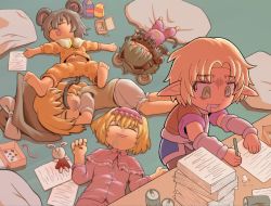 Rule 34 | 5girls, alice margatroid, alternate costume, animal ears, arm warmers, black skirt, blonde hair, bow, box, brown shirt, can, closed eyes, commentary request, cookie (touhou), drddrddo, fake nyon (cookie), flour, full body, green eyes, grey hair, hairband, hat, hat bow, ichigo (cookie), joker (cookie), kirisame marisa, long hair, mizuhashi parsee, mouse ears, multiple girls, nazrin, nyon (cookie), open mouth, pajamas, pants, paper, paper stack, parted bangs, pillow, pink hairband, pink pajamas, pink pants, pink shirt, pointy ears, polka dot, polka dot pajamas, scarf, sharp teeth, shirt, skirt, sleeping, stuffed animal, stuffed rabbit, stuffed toy, suzu (cookie), teeth, touhou, white bow, white scarf, witch hat, writing, yellow pajamas, yellow pants, yellow shirt