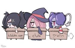 Rule 34 | 3girls, @ @, ame-chan (needy girl overdose), artist name, bare shoulders, black eyes, black hair, box, bright pupils, cardboard box, chibi, closed mouth, colored skin, commentary, crossover, detached sleeves, english commentary, english text, female focus, hair ornament, hair over one eye, hat, highres, holding, holding box, inerururu, jitome, little witch academia, long hair, long sleeves, looking at viewer, luna nova school uniform, multiple girls, needy girl overdose, no shoes, object through head, open mouth, pale skin, pink eyes, pink hair, puff of air, purple hair, purple skin, school uniform, short sleeves, side ponytail, signature, simple background, skull, skullgirls, sleeves past fingers, sleeves past wrists, smile, squigly (skullgirls), stitched mouth, stitches, string, striped clothes, striped sleeves, sucy manbavaran, trait connection, twintails, white background, white pupils, white sleeves, witch hat, x hair ornament, zombie