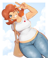 Rule 34 | 1girl, absurdres, arm behind back, artist name, bag, belly, blue eyes, blue pants, border, breasts, brown bag, brown hair, casual, denim, earrings, eyelashes, flipped hair, flower earrings, freckles, grin, hand up, heart, heart print, highres, jeans, jewelry, large breasts, lips, looking at viewer, mario (series), medium hair, midriff peek, nintendo, nostrils, one eye closed, pants, pocket, princess daisy, print shirt, shirt, short sleeves, shoulder bag, smile, solo, super mario land, t-shirt, thick eyebrows, thighs, topsieturvy, v, white border, white shirt