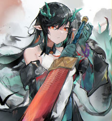 Rule 34 | 1girl, absurdres, arknights, bare shoulders, bead bracelet, beads, black hair, black jacket, bracelet, collared dress, colored skin, commentary, dragon horns, dress, dusk (arknights), green hair, green horns, green skin, hands up, highres, holding, holding sword, holding weapon, horns, huge filesize, jacket, jewelry, jumbowhopper, long hair, looking at object, multicolored hair, off shoulder, orange eyes, parted lips, pointy ears, sleeveless, sleeveless dress, solo, streaked hair, sword, upper body, weapon, white dress